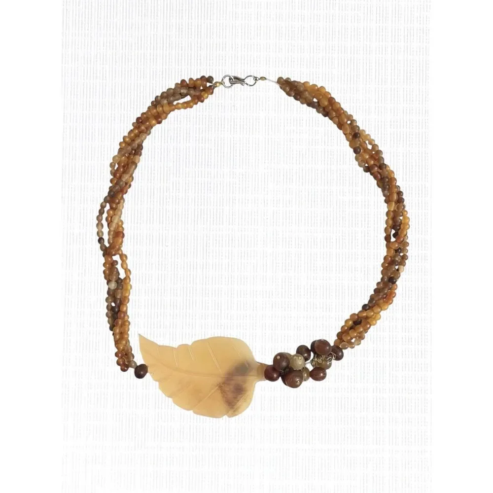 Vintage Baltic Amber Statement Necklace Brown Beige Leaf Pendant Twist Beaded